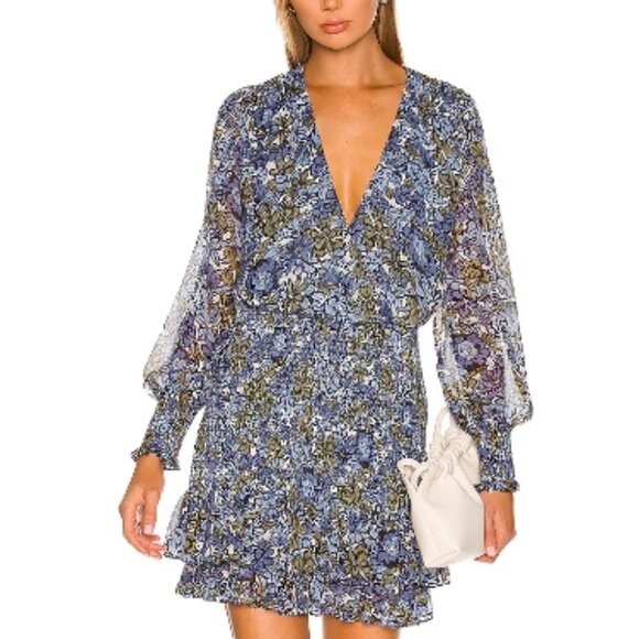 Veronica Beard Saera Blue Multi Floral V-neck Long Sleeves Mini Dress XS $495 - Picture 5 of 15